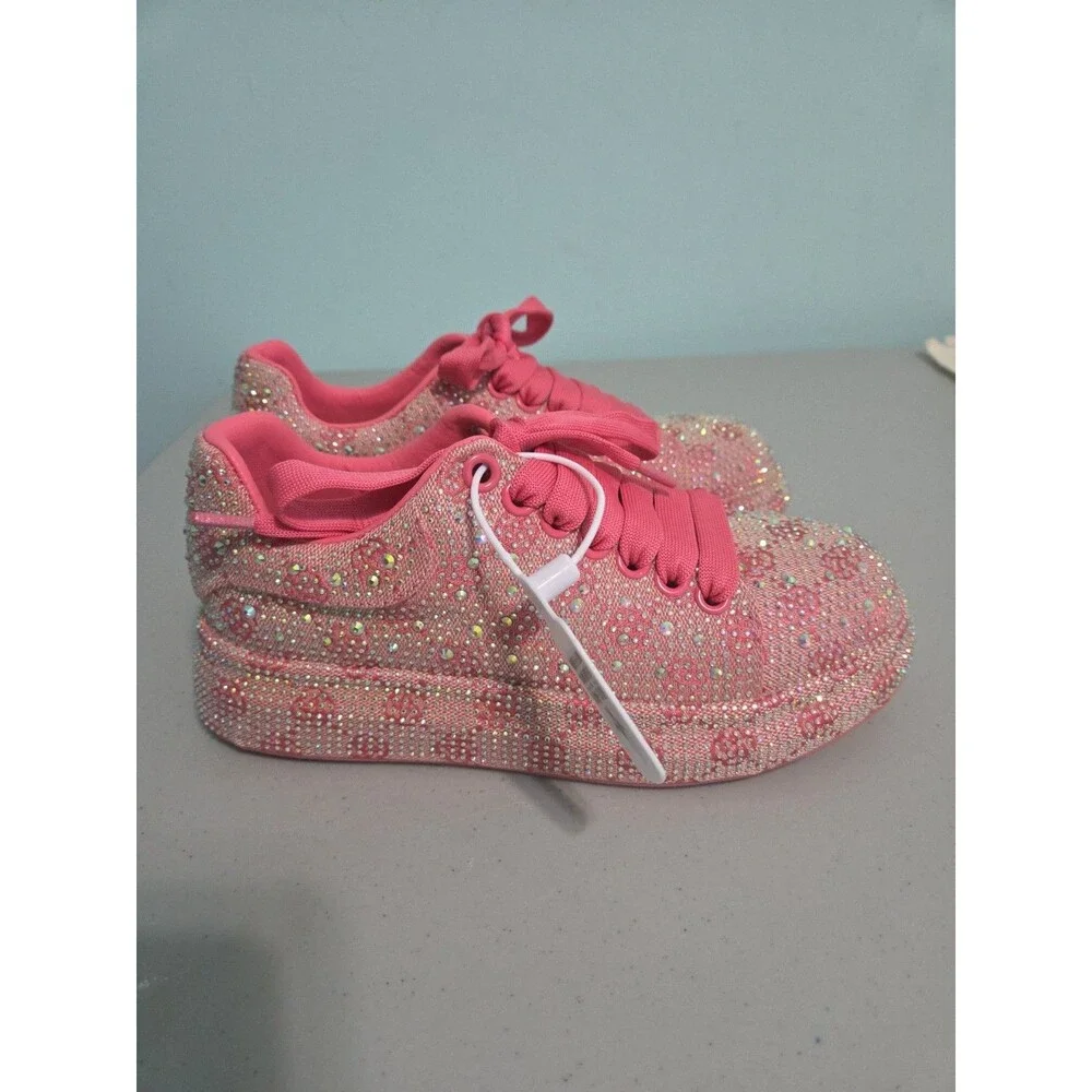 Dazzle Cush Bright Hot Pink Neon Rhinestone Comfy Platform Sneakers Tennis Shoes